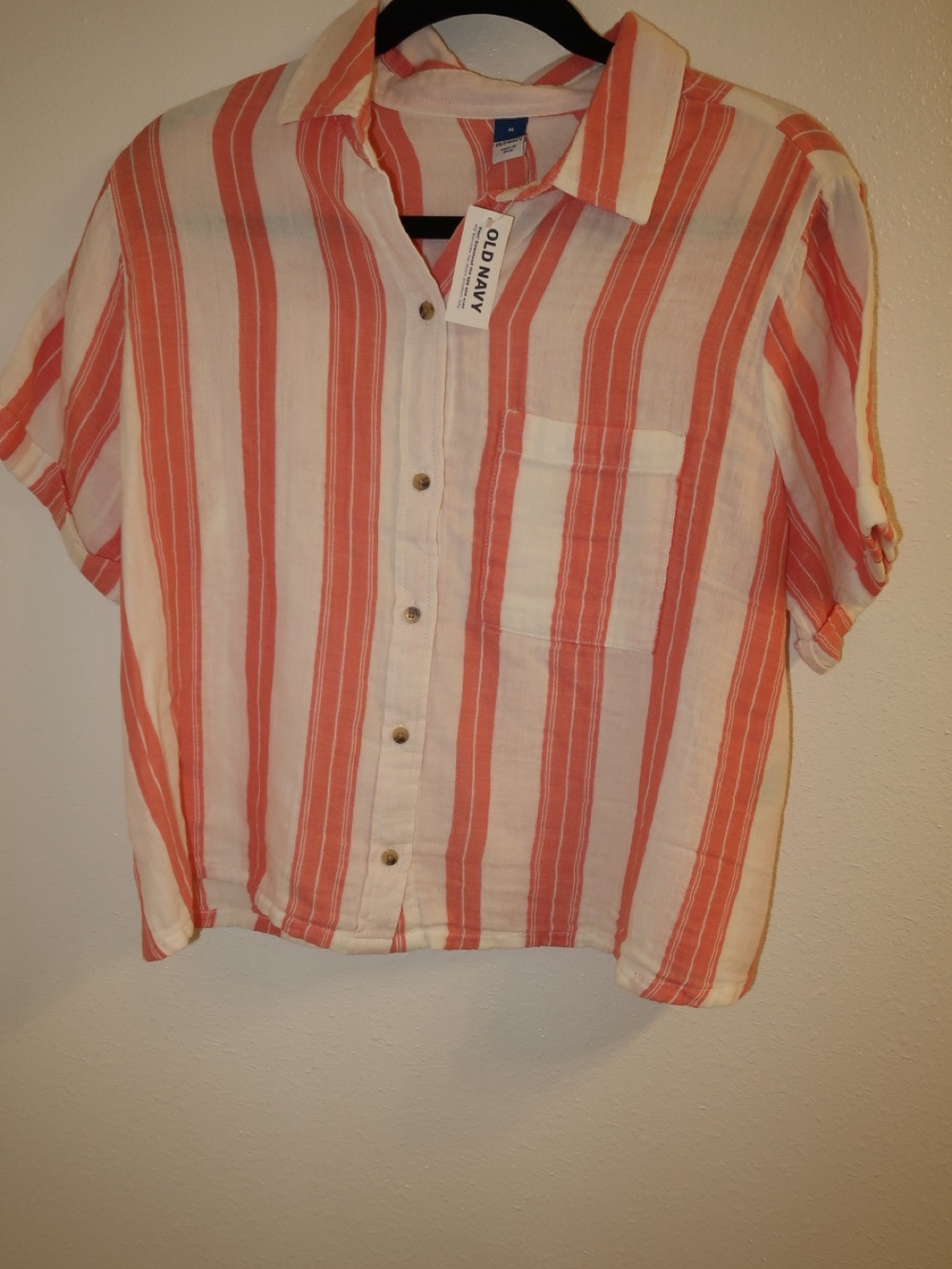 Old Navy Coral and White Striped Short-Sleeve Button Shirt